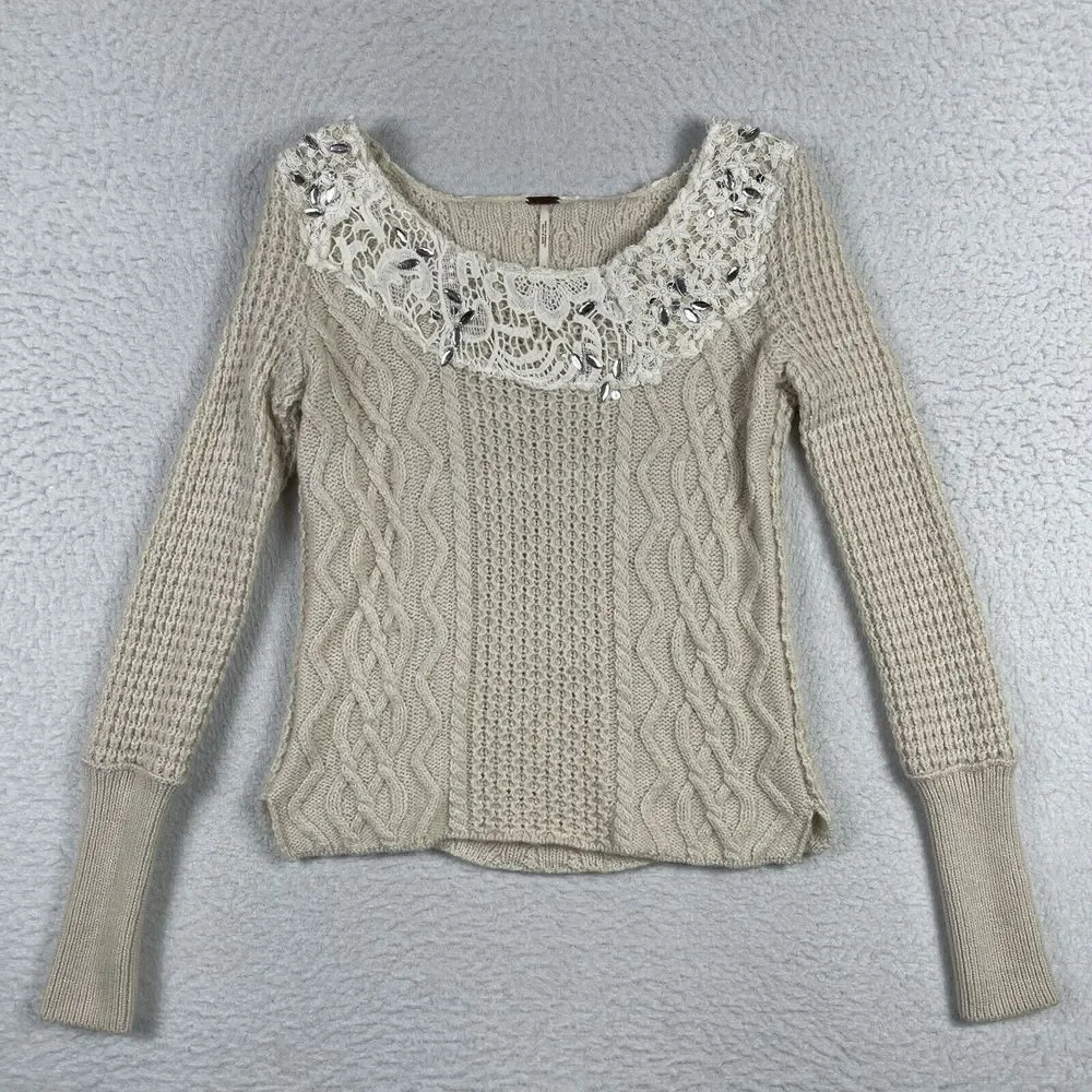 Free People Sweater Womens XS‎ Cream Cable Knit Lace Embellished Scoop Neck